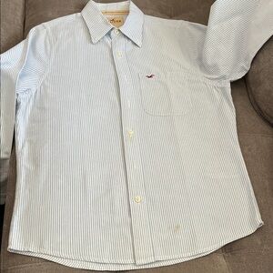 Hollister Men's White and Blue Pinstripe Shirt used good condition